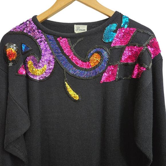 Darian Vintage 80s Black Knit Sequin Embellished Sweater Dress Sz M Avante Garde - Picture 5 of 12